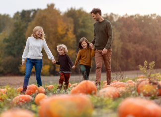 A family holding hands and walking through a pumpkin patch together
