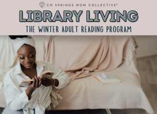 Library living. Winter Adult Reading Program graphic featuring a woman sitting against a couch while reading a book