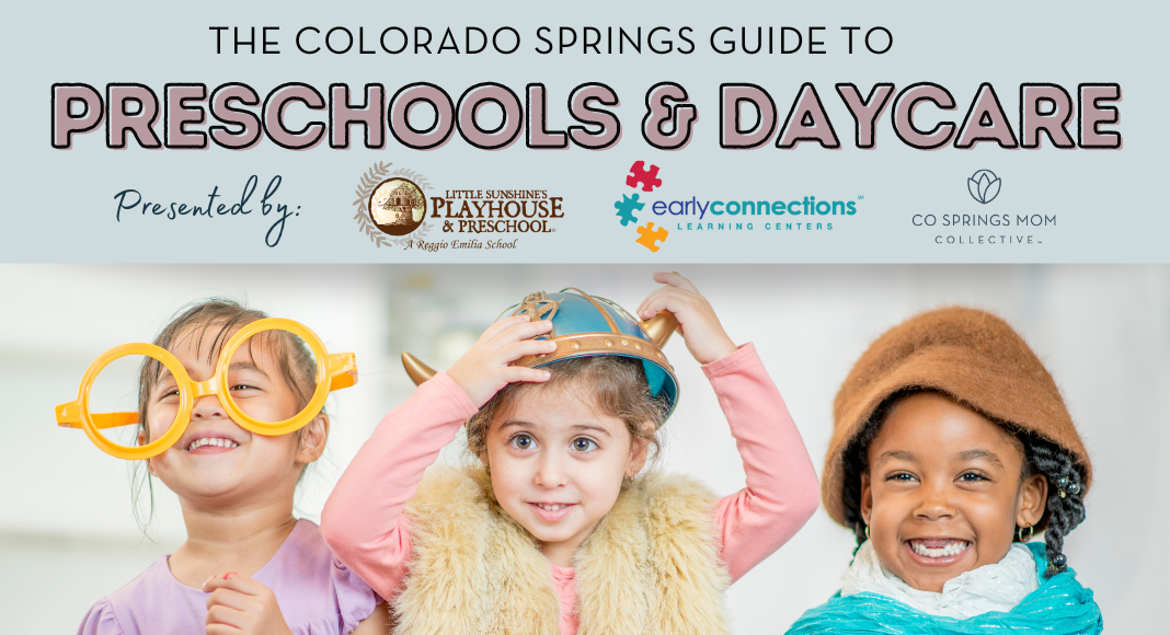 Guide to Preschools and Daycares featured graphic showing three preschool children in dress-up clothes