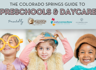 Guide to Preschools & Daycare in Colorado Springs featured graphic with three preschool kids playing dressup