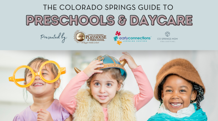 Guide to Preschools & Daycare in Colorado Springs featured graphic with three preschool kids playing dressup