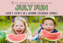 July fun in Colorado Springs featured image with two young kids eating watermelon.